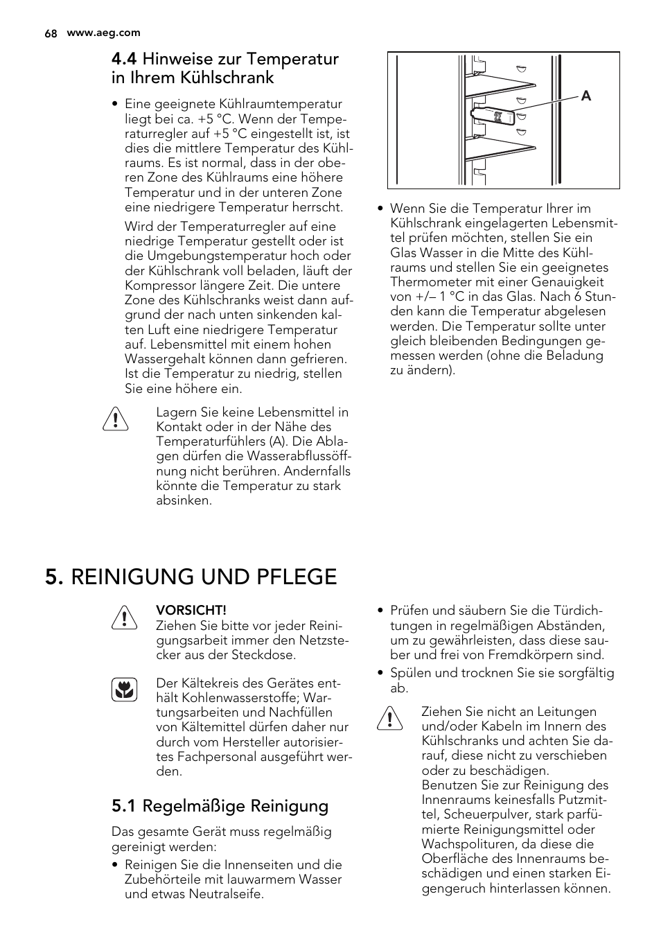 Reinigung und pflege, 4 hinweise zur temperatur in ihrem kühlschrank, 1 regelmäßige reinigung | AEG S73100KDX0 User Manual | Page 68 / 80