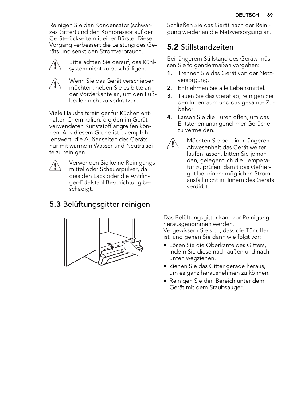 2 stillstandzeiten, 3 belüftungsgitter reinigen | AEG S73100KDX0 User Manual | Page 69 / 80