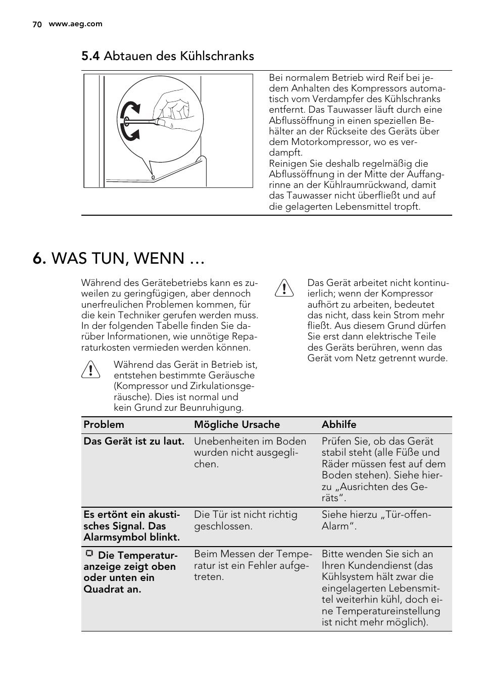 Was tun, wenn, 4 abtauen des kühlschranks | AEG S73100KDX0 User Manual | Page 70 / 80