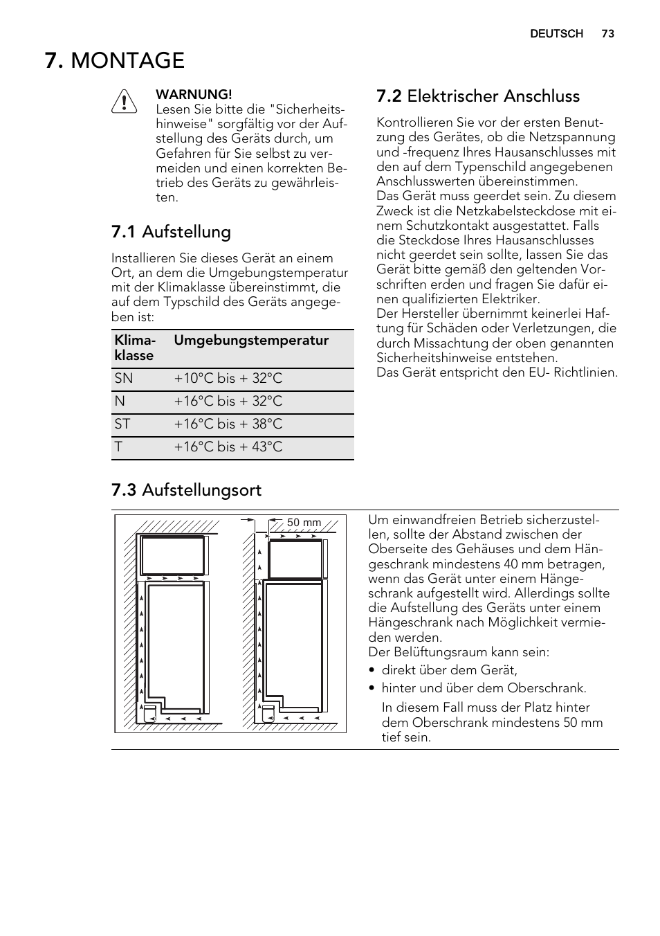 Montage, 1 aufstellung, 2 elektrischer anschluss | 3 aufstellungsort | AEG S73100KDX0 User Manual | Page 73 / 80