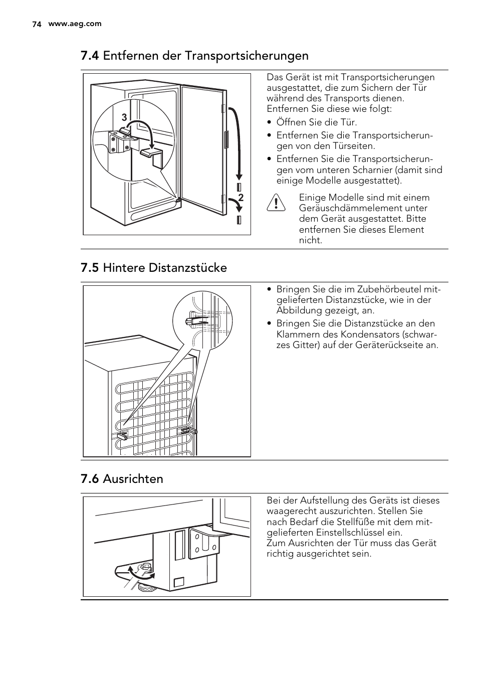 4 entfernen der transportsicherungen, 5 hintere distanzstücke, 6 ausrichten | AEG S73100KDX0 User Manual | Page 74 / 80