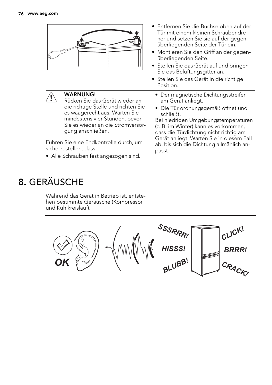 Geräusche | AEG S73100KDX0 User Manual | Page 76 / 80