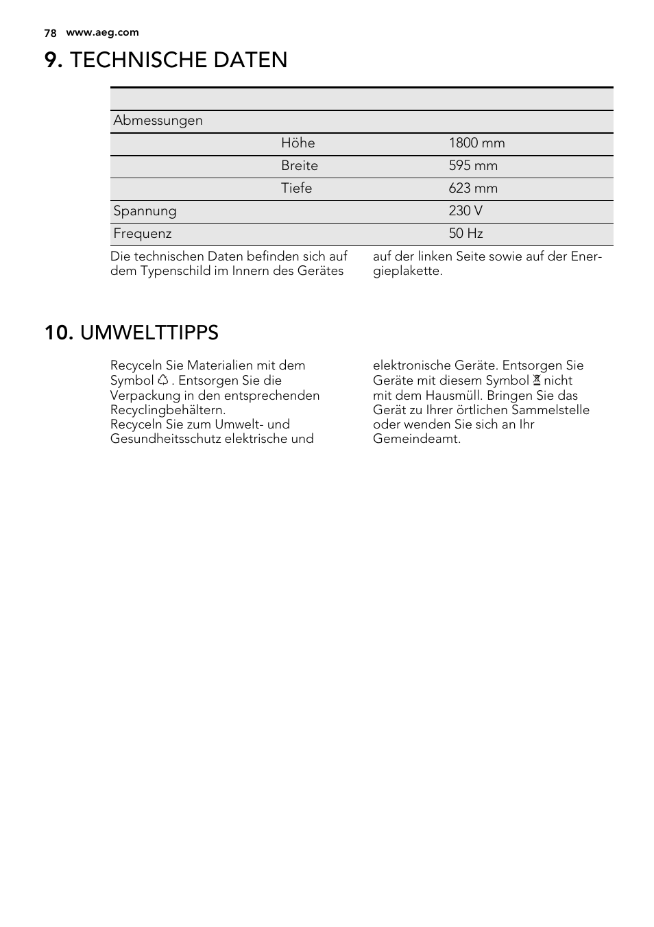 Technische daten, Umwelttipps | AEG S73100KDX0 User Manual | Page 78 / 80