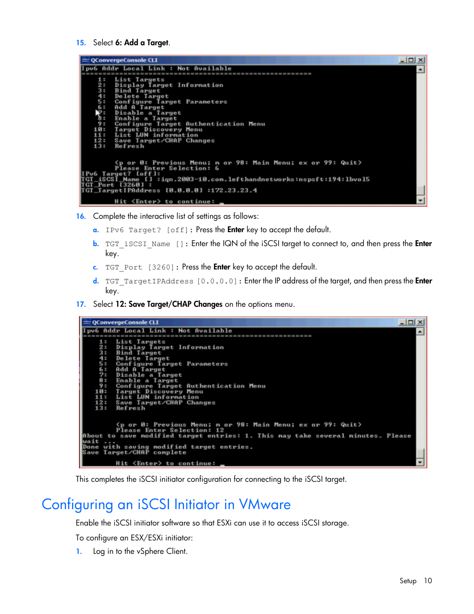 Configuring an iscsi initiator in vmware | HP QLogic QMH4062 1GbE iSCSI Adapter for c-Class BladeSystem User Manual | Page 10 / 45