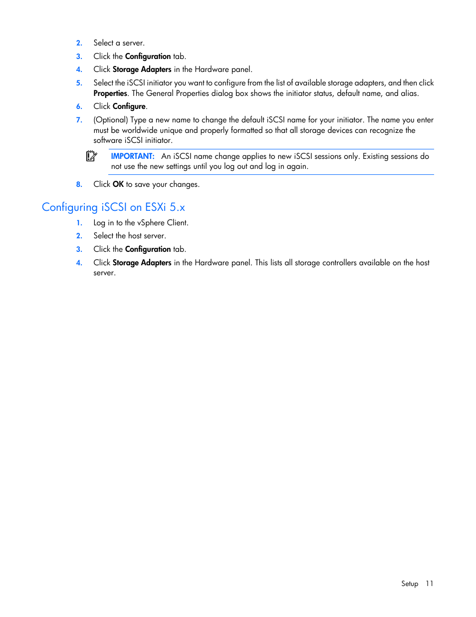 Configuring iscsi on esxi 5.x | HP QLogic QMH4062 1GbE iSCSI Adapter for c-Class BladeSystem User Manual | Page 11 / 45