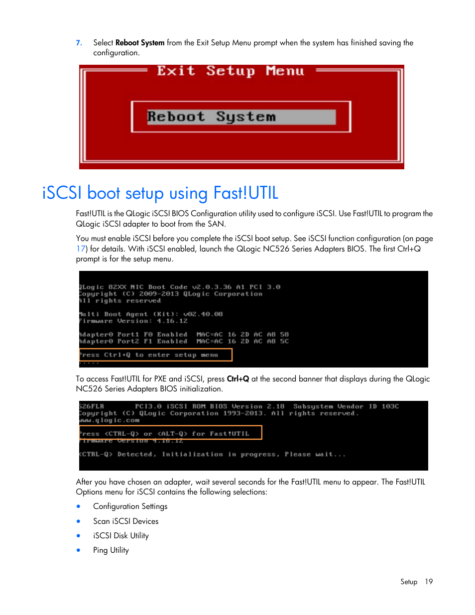 Iscsi boot setup using fast!util | HP QLogic QMH4062 1GbE iSCSI Adapter for c-Class BladeSystem User Manual | Page 19 / 45