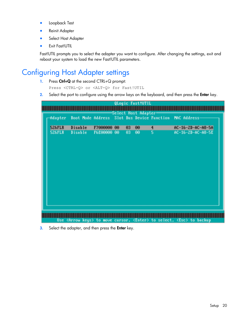 Configuring host adapter settings | HP QLogic QMH4062 1GbE iSCSI Adapter for c-Class BladeSystem User Manual | Page 20 / 45