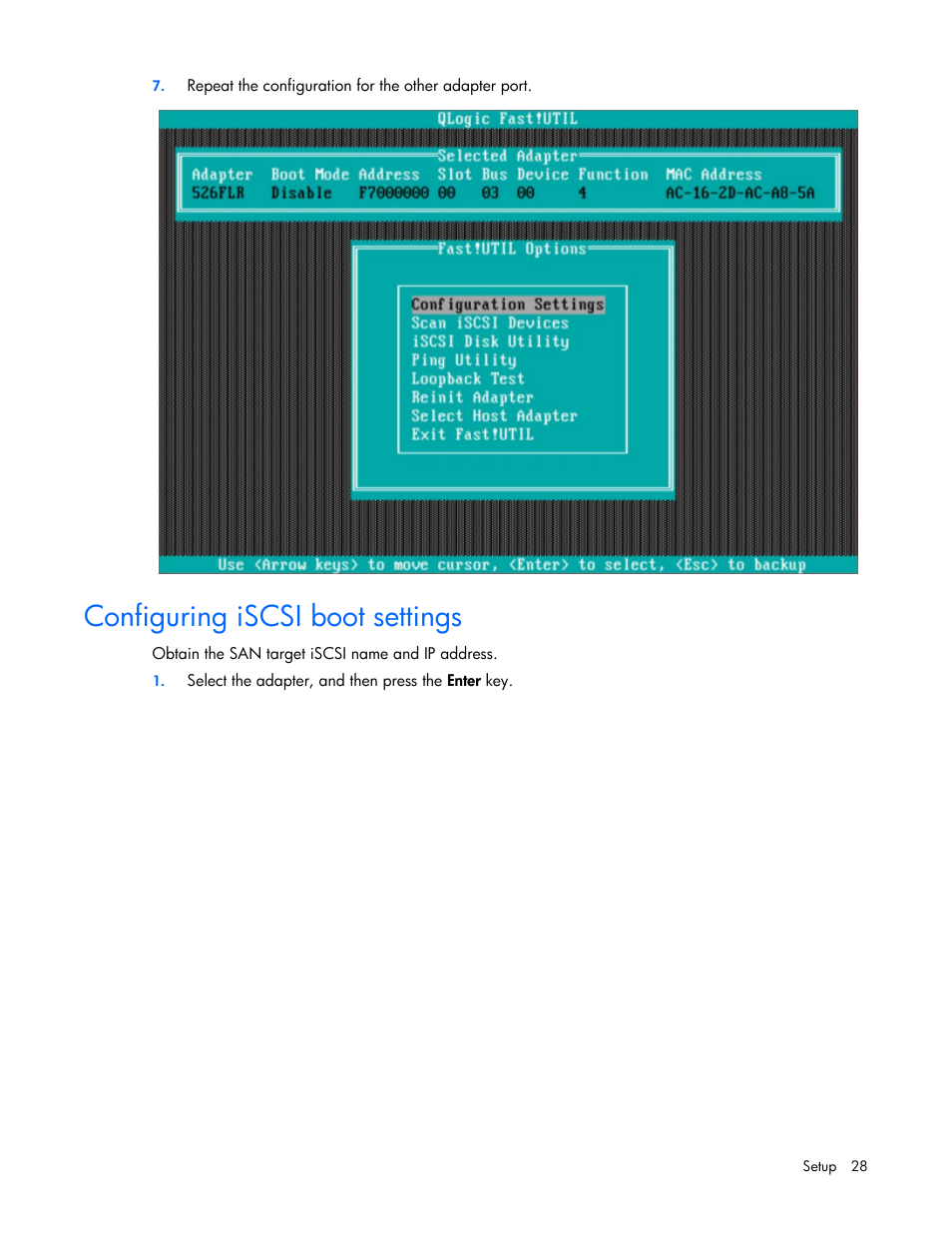 Configuring iscsi boot settings | HP QLogic QMH4062 1GbE iSCSI Adapter for c-Class BladeSystem User Manual | Page 28 / 45