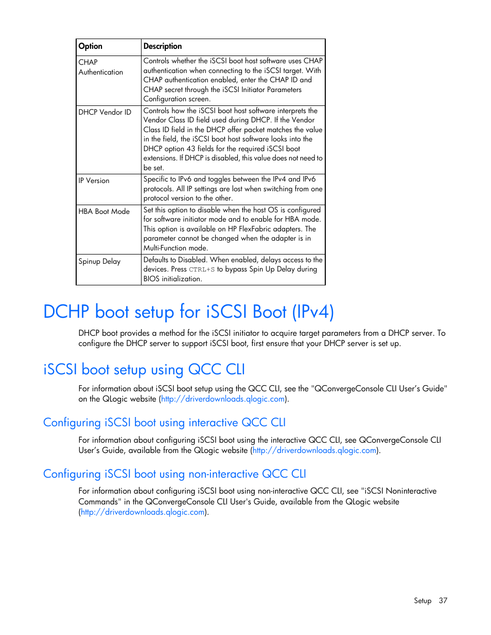 Dchp boot setup for iscsi boot (ipv4), Iscsi boot setup using qcc cli, Configuring iscsi boot using interactive qcc cli | HP QLogic QMH4062 1GbE iSCSI Adapter for c-Class BladeSystem User Manual | Page 37 / 45