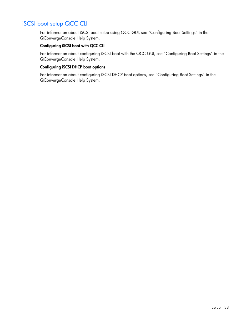 Iscsi boot setup qcc cli | HP QLogic QMH4062 1GbE iSCSI Adapter for c-Class BladeSystem User Manual | Page 38 / 45