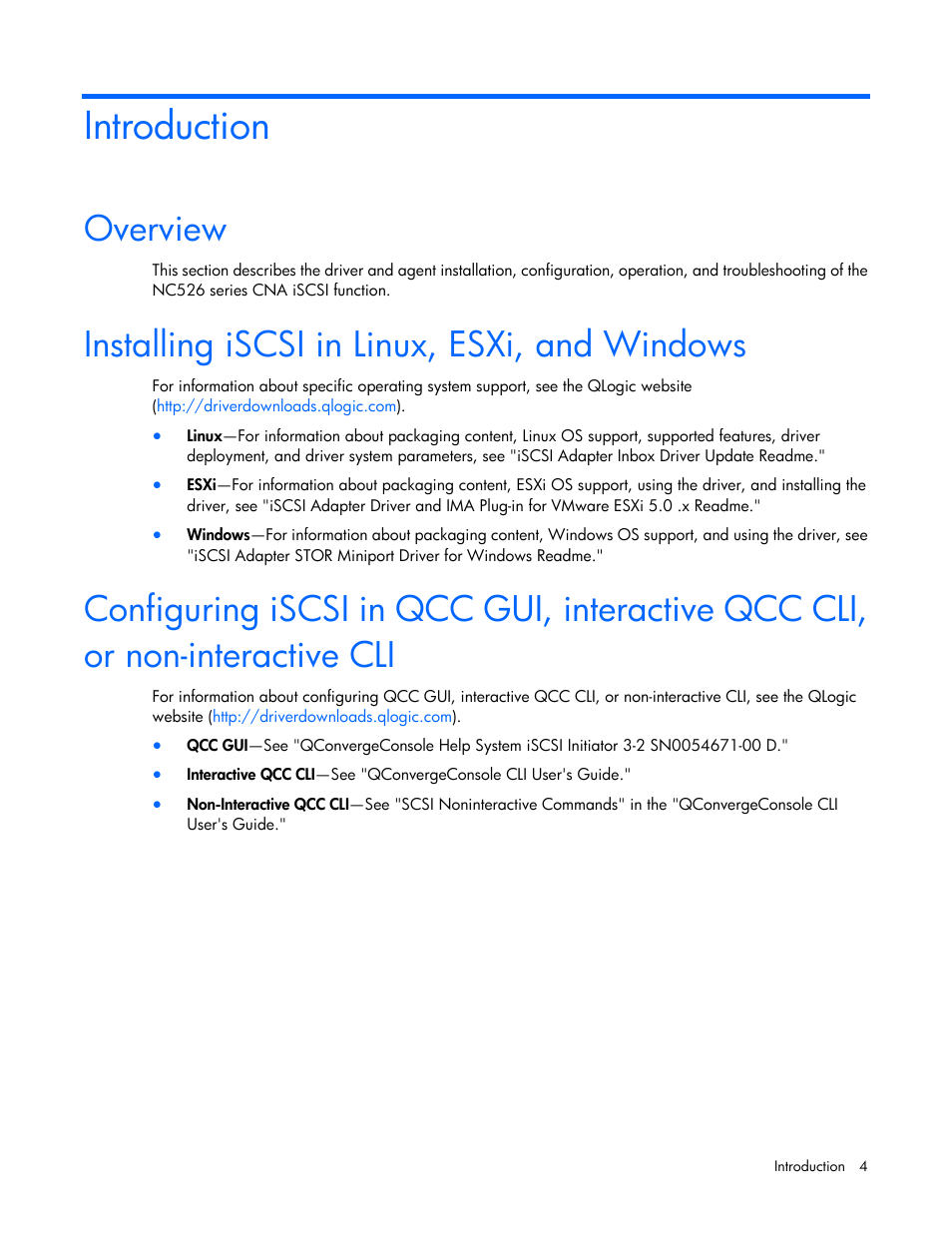 Introduction, Overview, Installing iscsi in linux, esxi, and windows | HP QLogic QMH4062 1GbE iSCSI Adapter for c-Class BladeSystem User Manual | Page 4 / 45