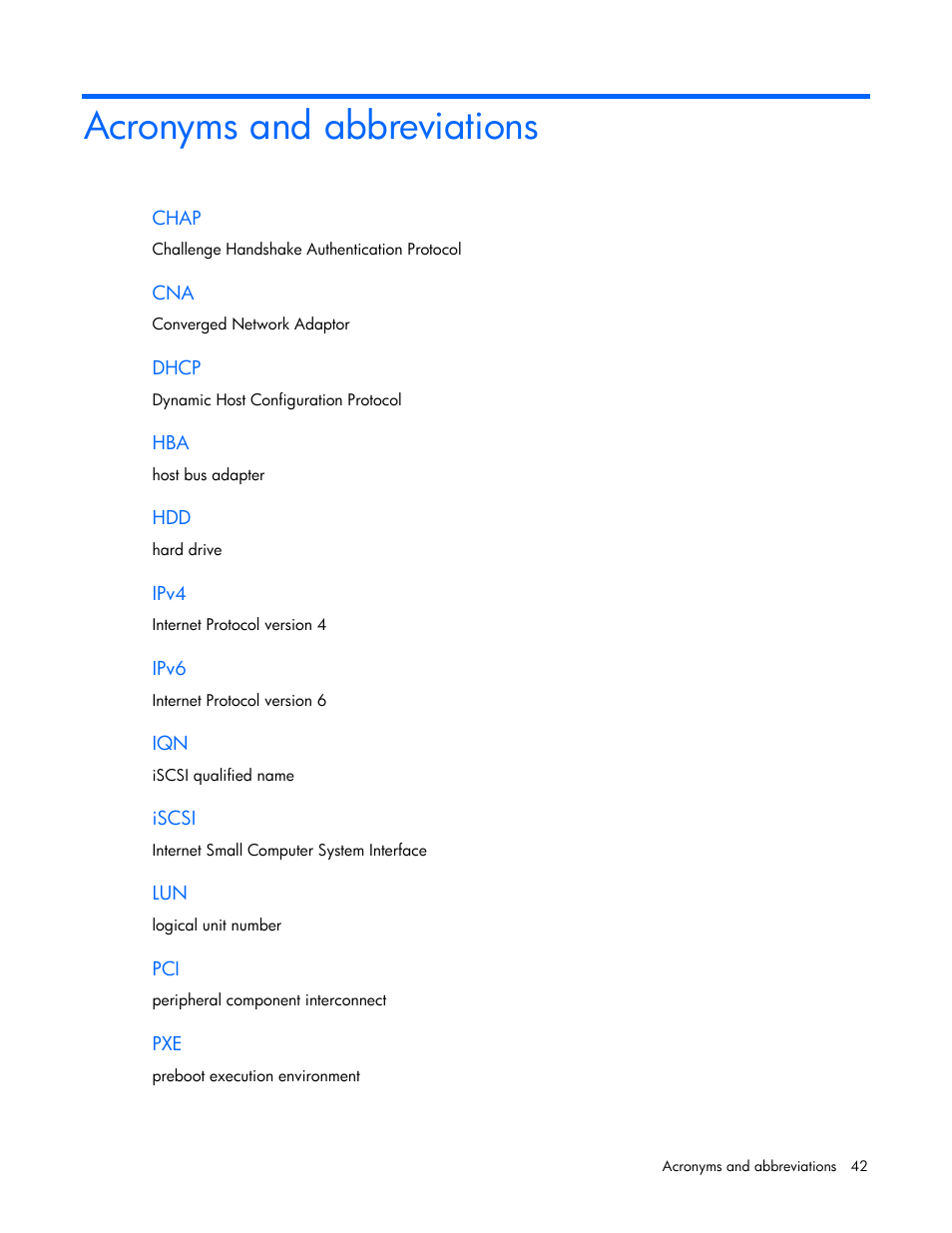 Acronyms and abbreviations | HP QLogic QMH4062 1GbE iSCSI Adapter for c-Class BladeSystem User Manual | Page 42 / 45