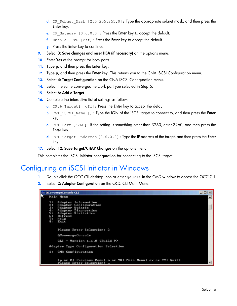 Configuring an iscsi initiator in windows | HP QLogic QMH4062 1GbE iSCSI Adapter for c-Class BladeSystem User Manual | Page 6 / 45