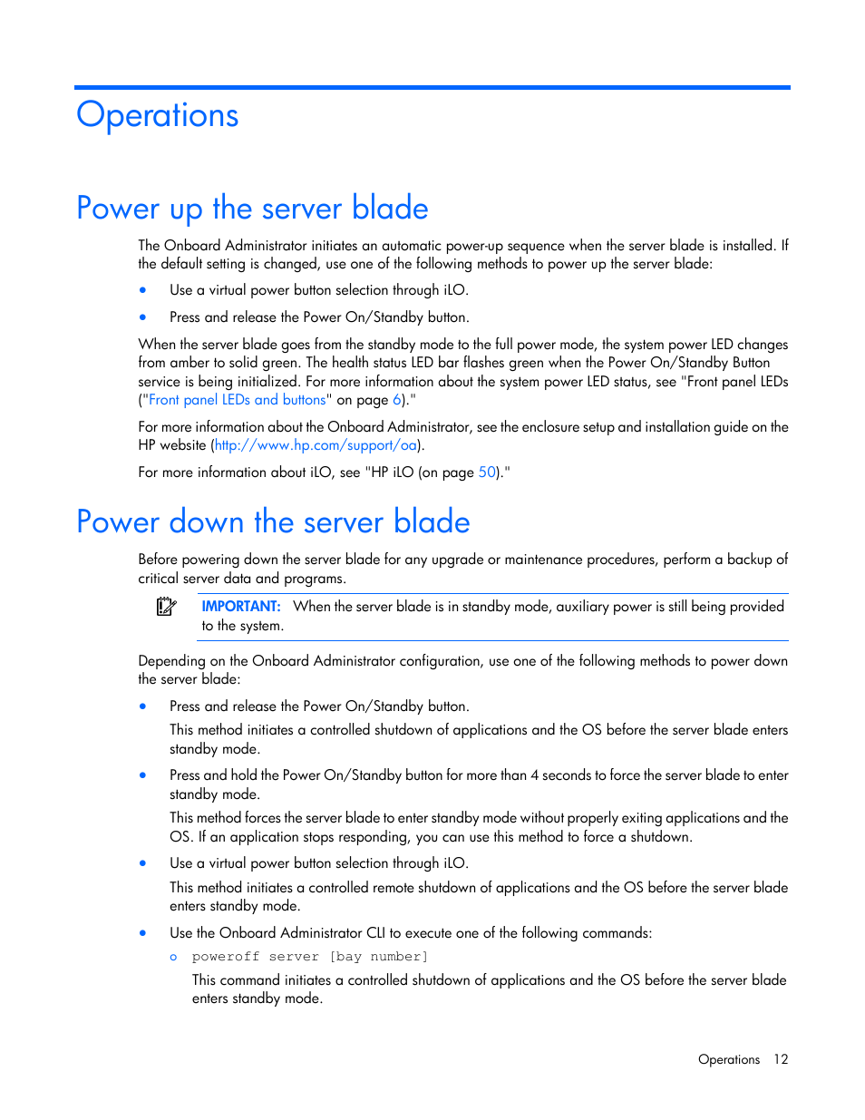 Operations, Power up the server blade, Power down the server blade | HP ProLiant BL660c Gen8 Server Blade User Manual | Page 12 / 87