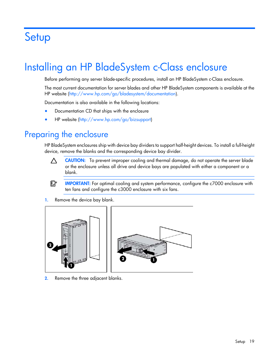 Setup, Installing an hp bladesystem c-class enclosure, Preparing the enclosure | HP ProLiant BL660c Gen8 Server Blade User Manual | Page 19 / 87