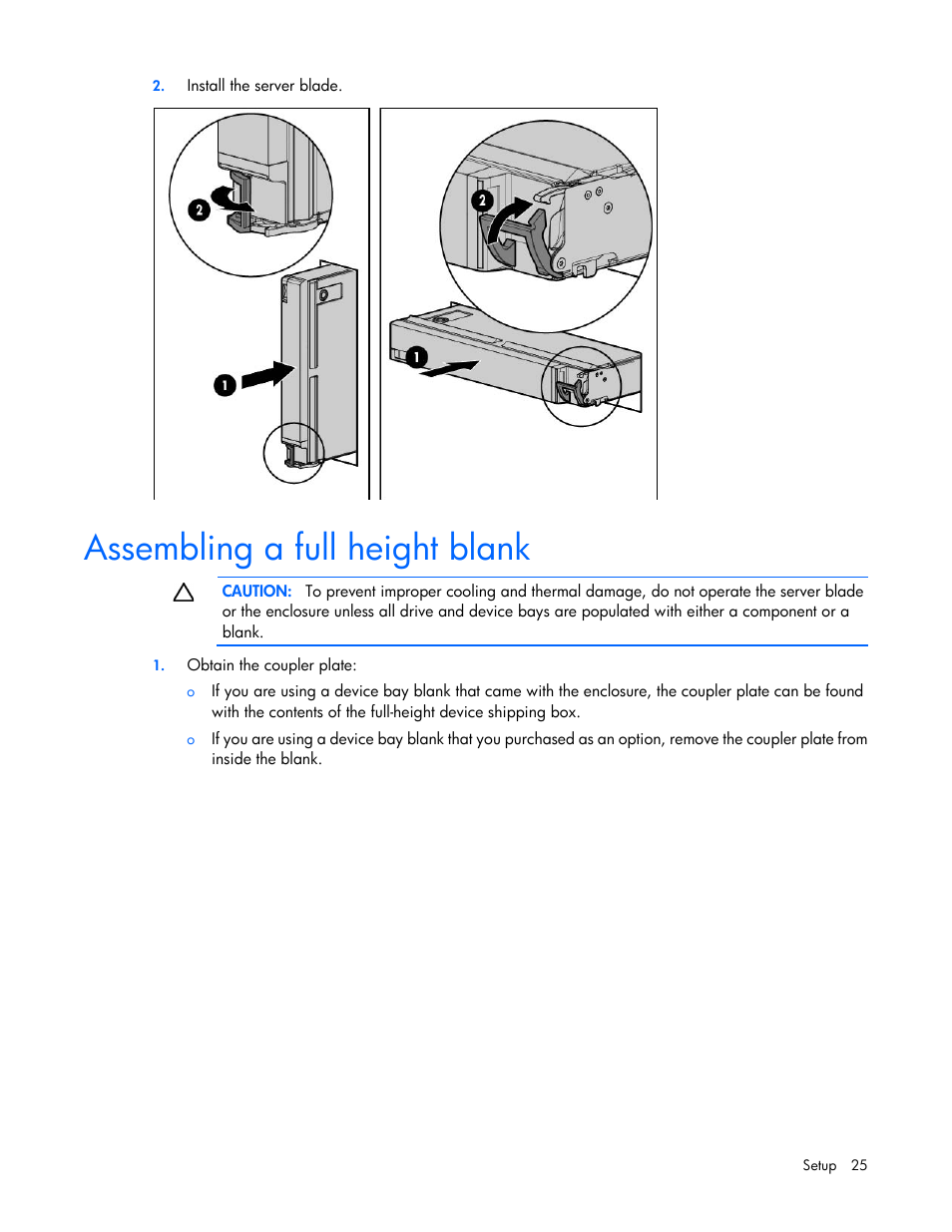 Assembling a full height blank | HP ProLiant BL660c Gen8 Server Blade User Manual | Page 25 / 87