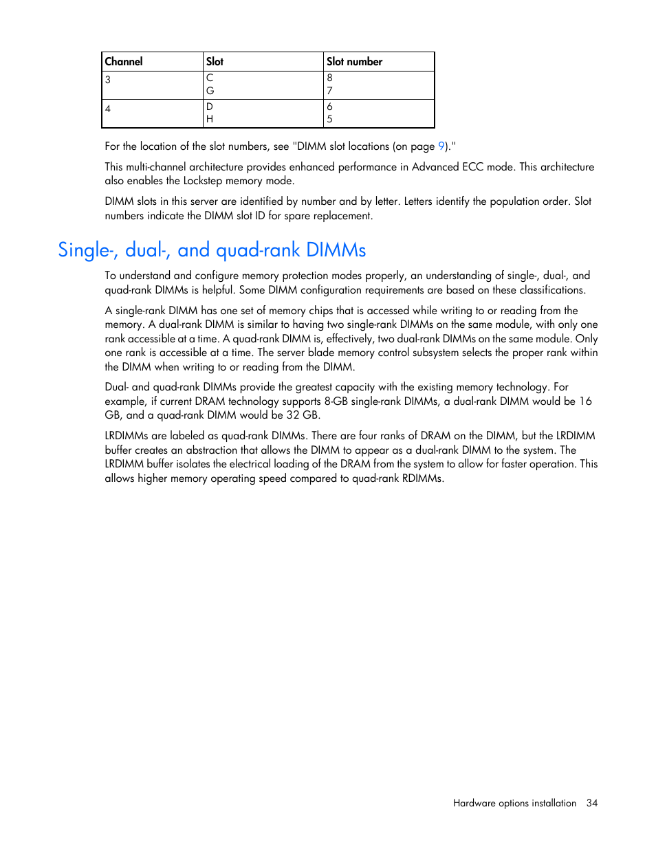 Single-, dual-, and quad-rank dimms | HP ProLiant BL660c Gen8 Server Blade User Manual | Page 34 / 87