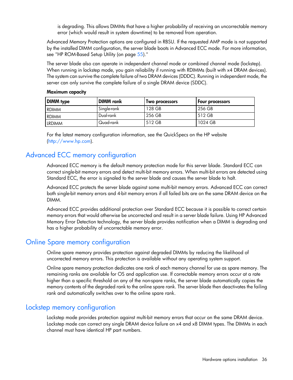 Advanced ecc memory configuration, Online spare memory configuration, Lockstep memory configuration | HP ProLiant BL660c Gen8 Server Blade User Manual | Page 36 / 87