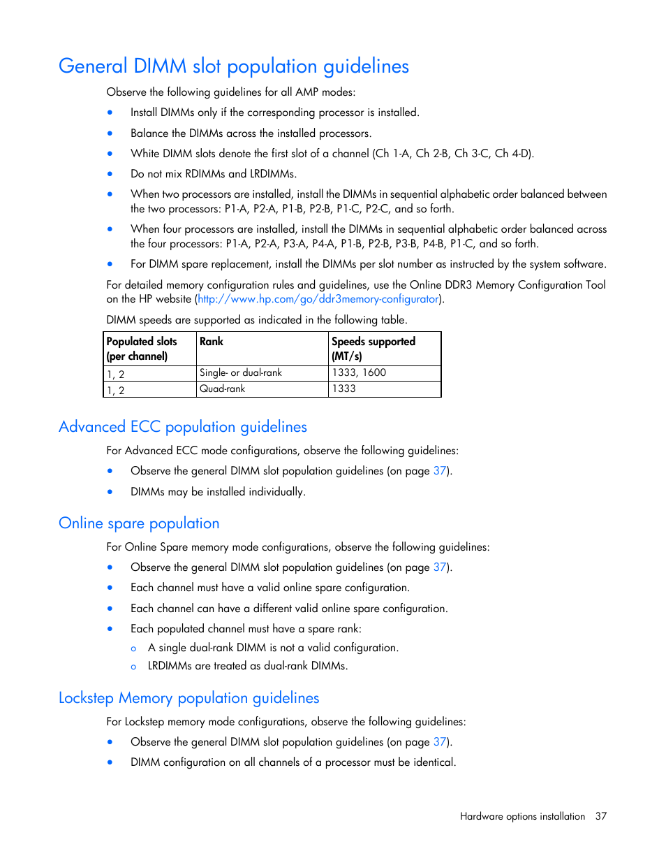 General dimm slot population guidelines, Advanced ecc population guidelines, Online spare population | Lockstep memory population guidelines | HP ProLiant BL660c Gen8 Server Blade User Manual | Page 37 / 87