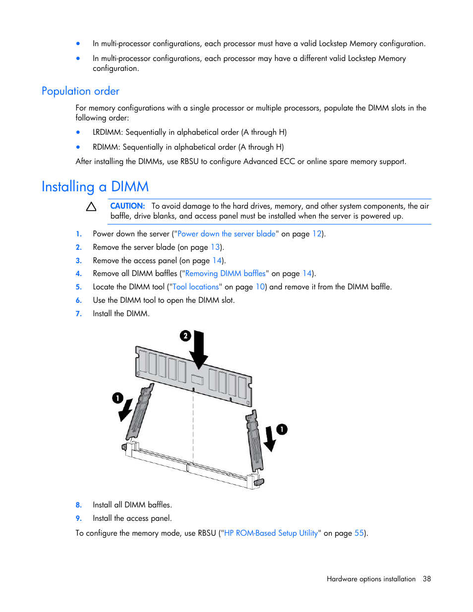 Population order, Installing a dimm | HP ProLiant BL660c Gen8 Server Blade User Manual | Page 38 / 87