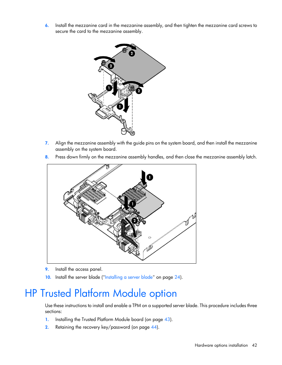 Hp trusted platform module option | HP ProLiant BL660c Gen8 Server Blade User Manual | Page 42 / 87