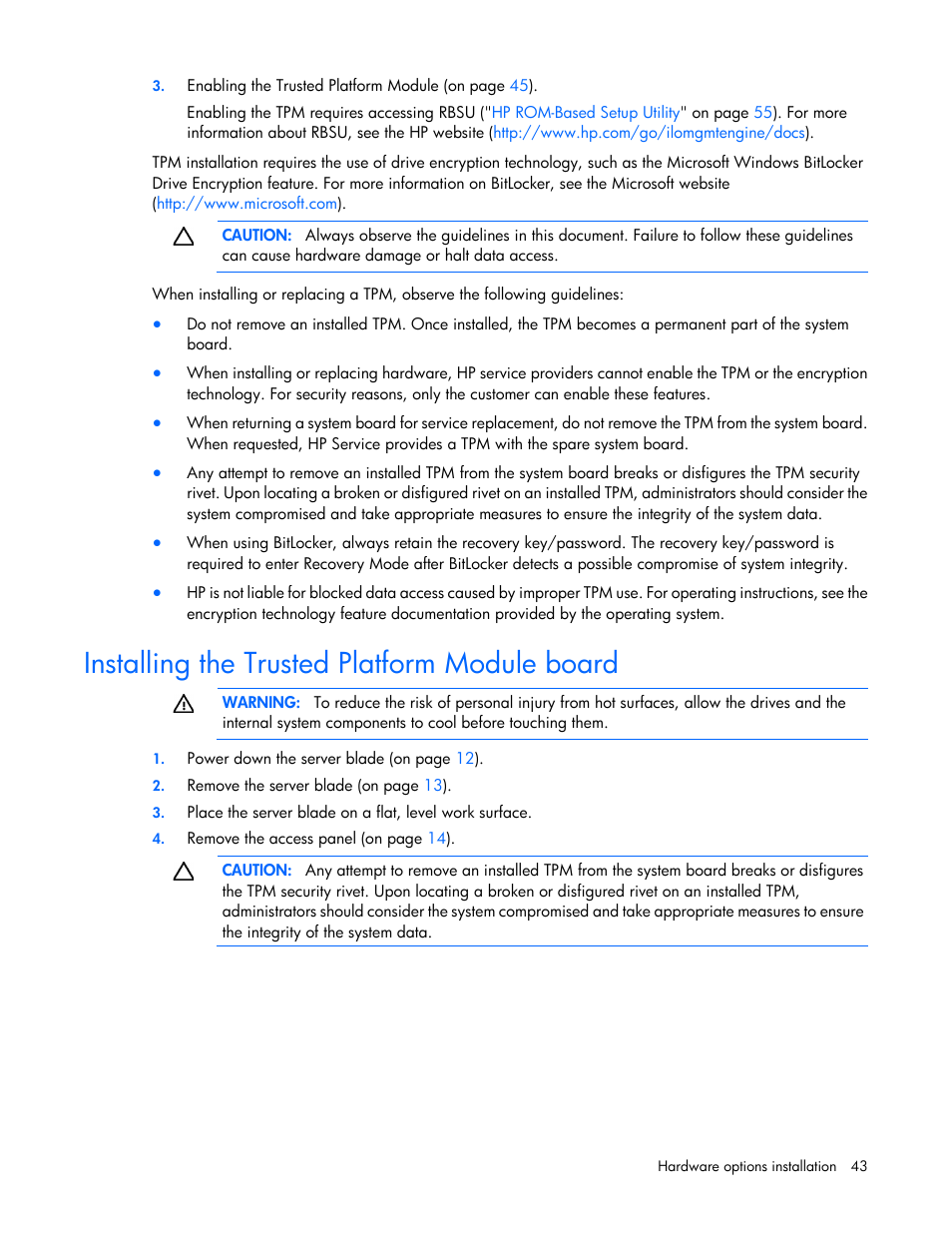 Installing the trusted platform module board | HP ProLiant BL660c Gen8 Server Blade User Manual | Page 43 / 87