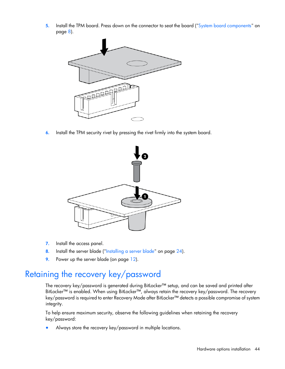 Retaining the recovery key/password | HP ProLiant BL660c Gen8 Server Blade User Manual | Page 44 / 87