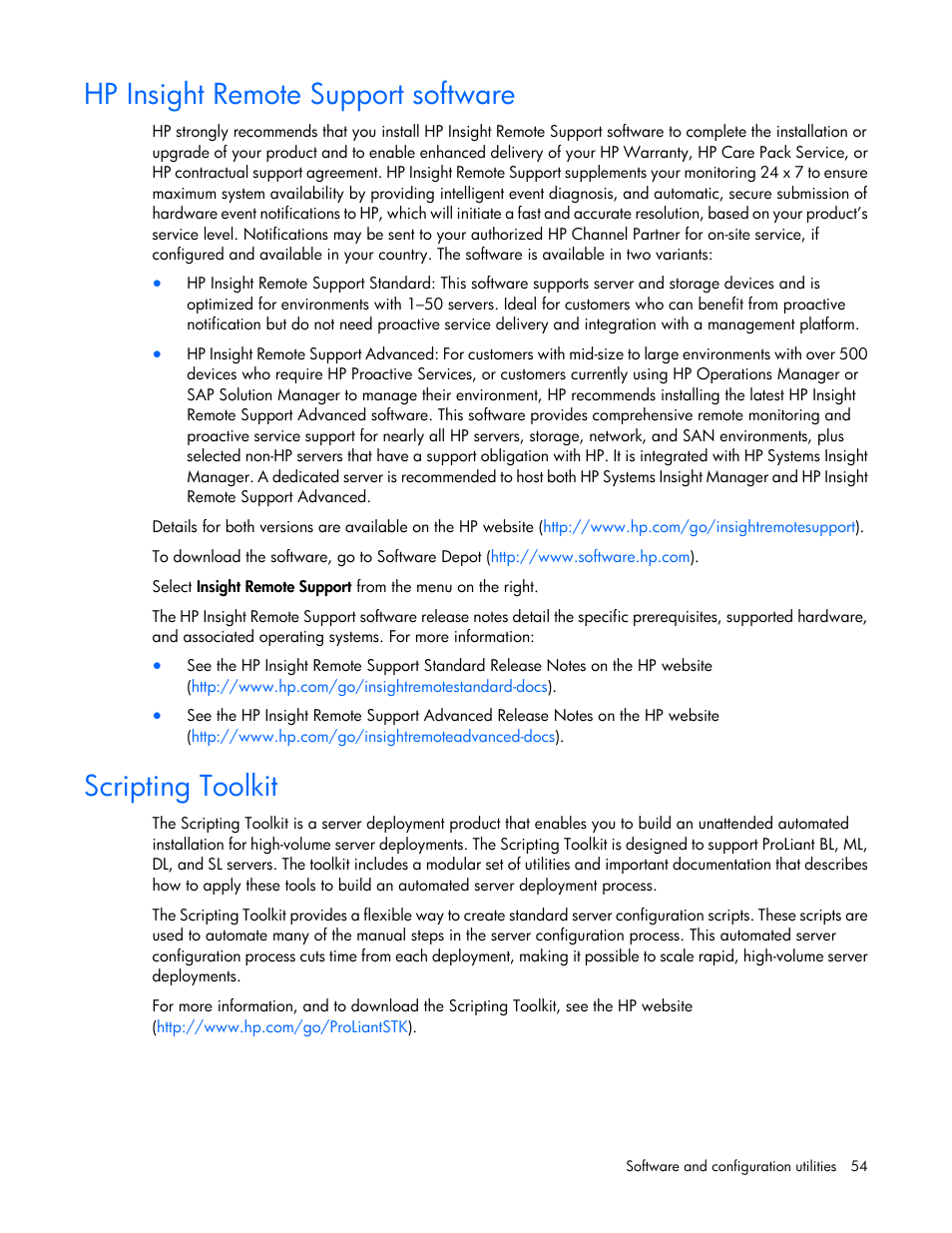 Hp insight remote support software, Scripting toolkit | HP ProLiant BL660c Gen8 Server Blade User Manual | Page 54 / 87