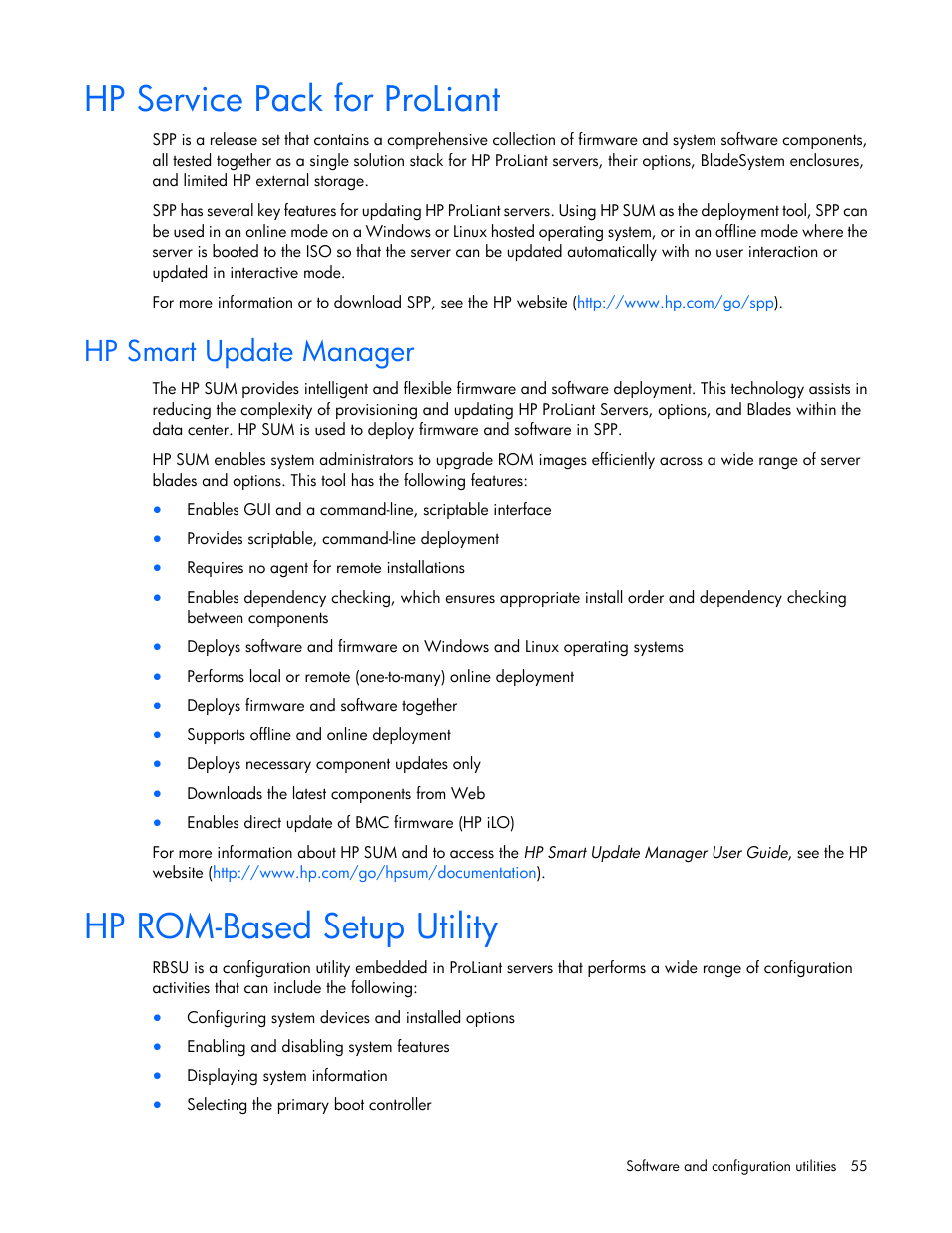 Hp service pack for proliant, Hp smart update manager, Hp rom-based setup utility | HP ProLiant BL660c Gen8 Server Blade User Manual | Page 55 / 87