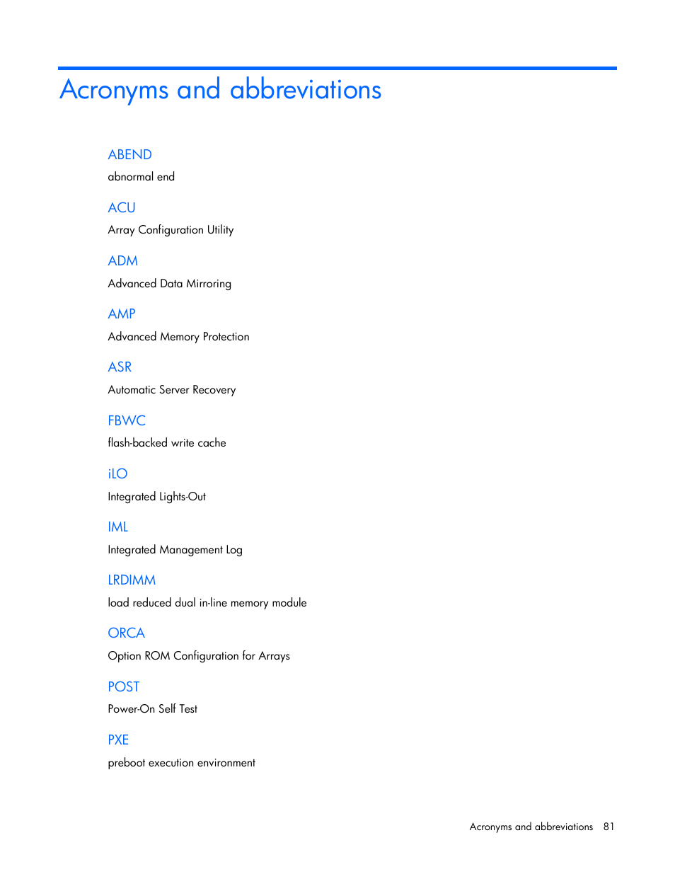 Acronyms and abbreviations | HP ProLiant BL660c Gen8 Server Blade User Manual | Page 81 / 87