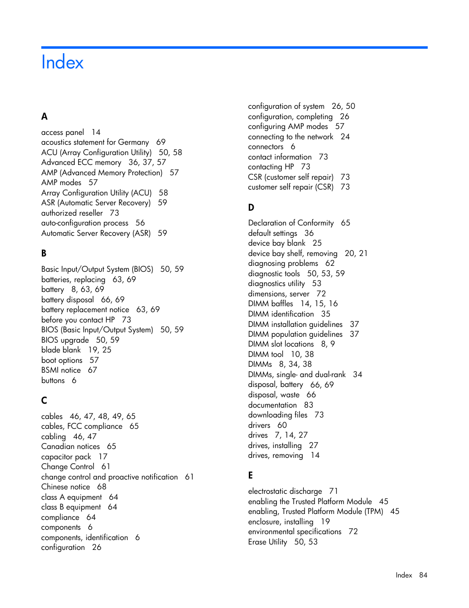 Index | HP ProLiant BL660c Gen8 Server Blade User Manual | Page 84 / 87