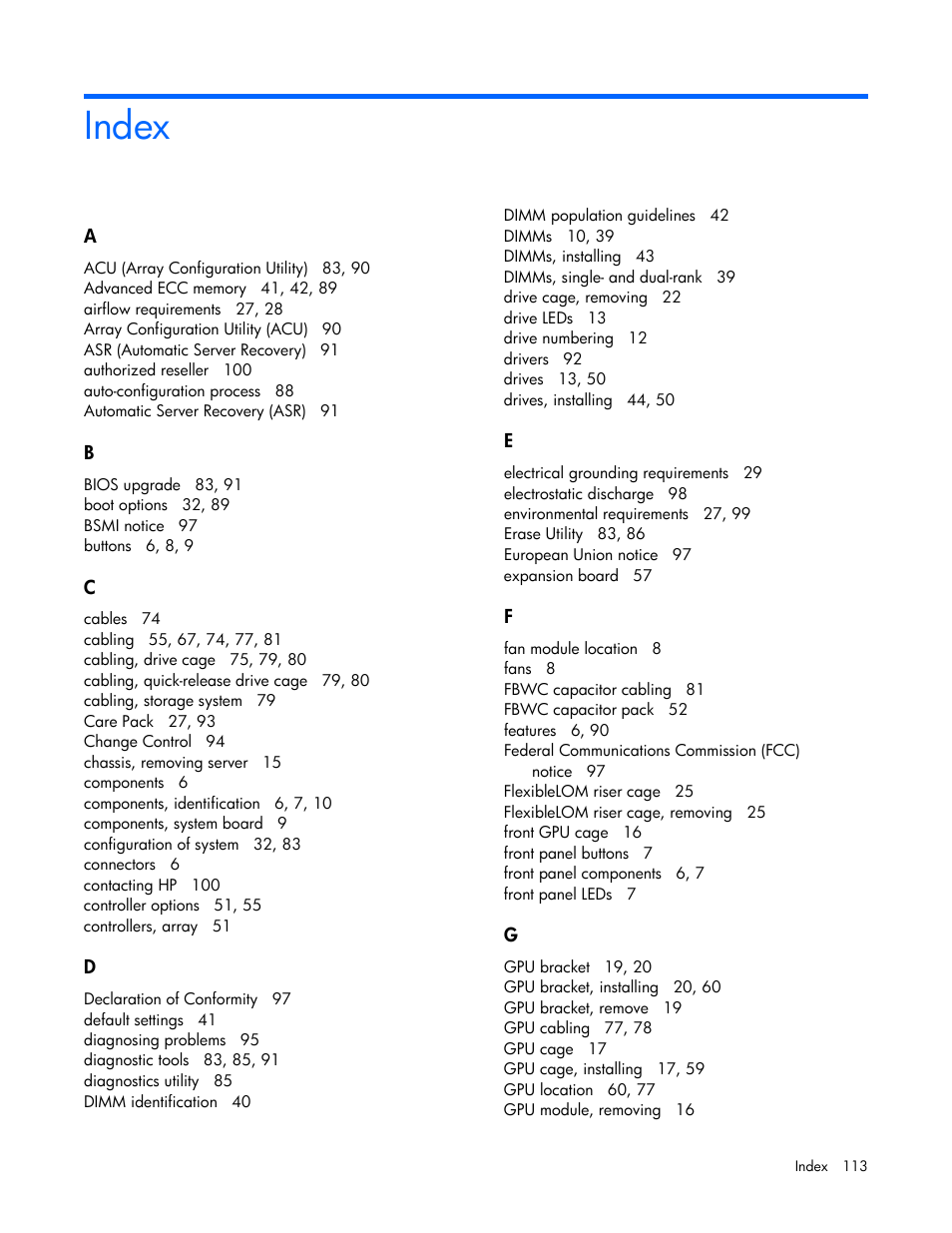 Index | HP ProLiant SL250s Gen8 Server User Manual | Page 113 / 115