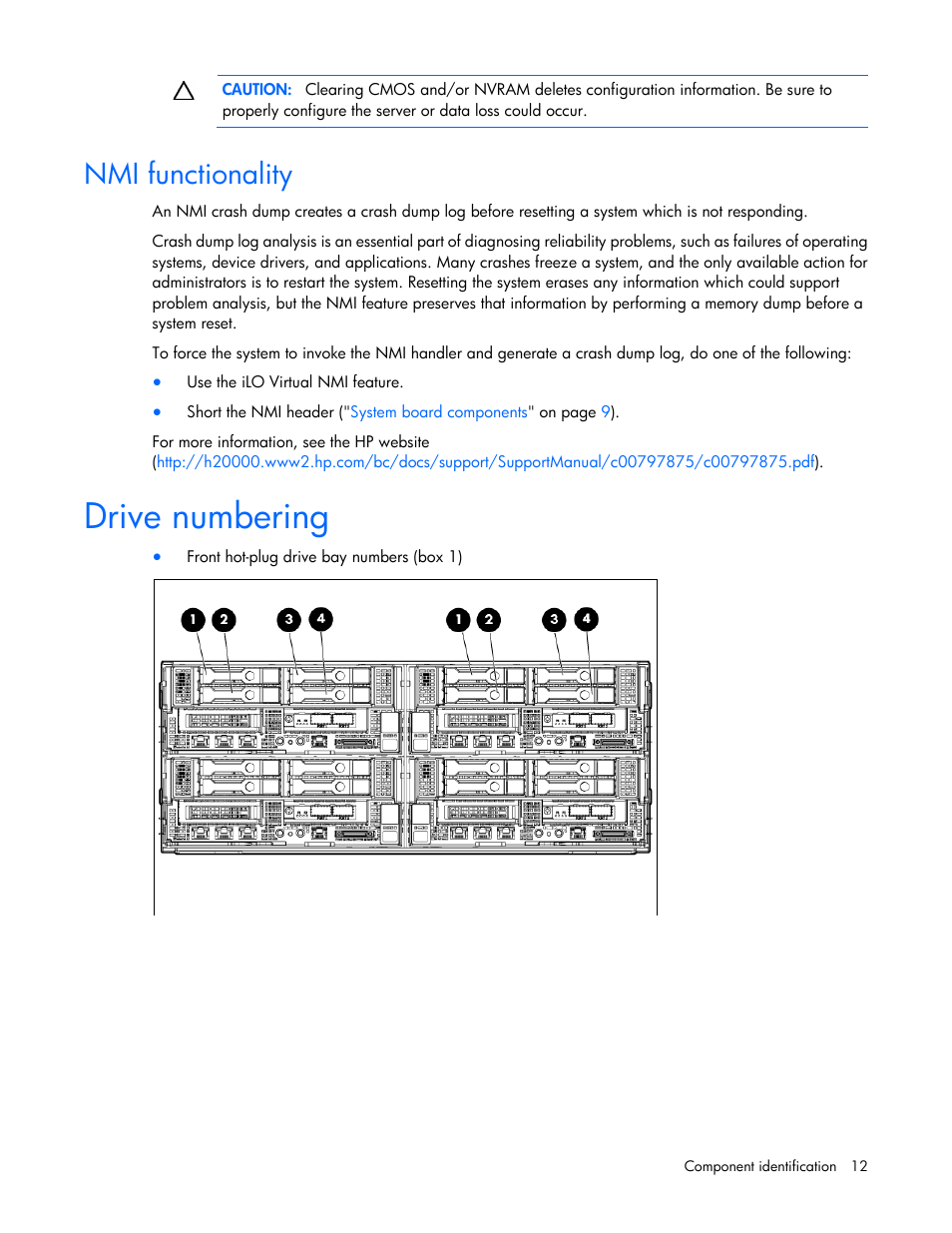 Nmi functionality, Drive numbering | HP ProLiant SL250s Gen8 Server User Manual | Page 12 / 115