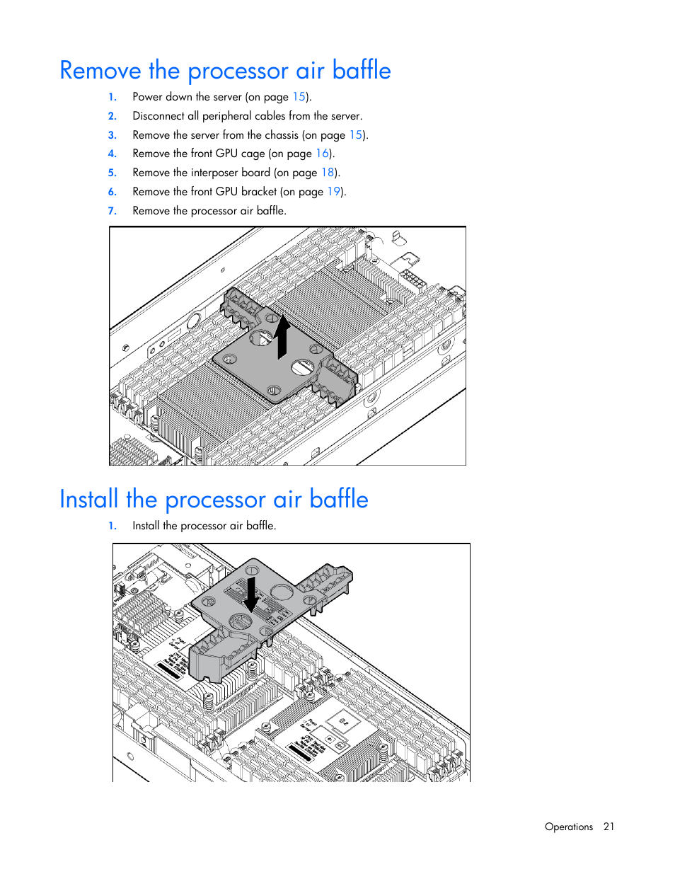 Remove the processor air baffle, Install the processor air baffle | HP ProLiant SL250s Gen8 Server User Manual | Page 21 / 115