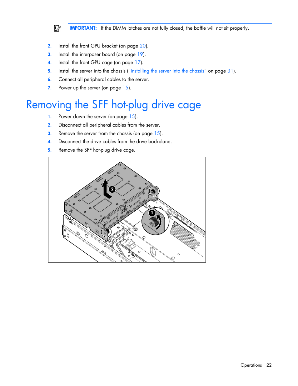 Removing the sff hot-plug drive cage | HP ProLiant SL250s Gen8 Server User Manual | Page 22 / 115