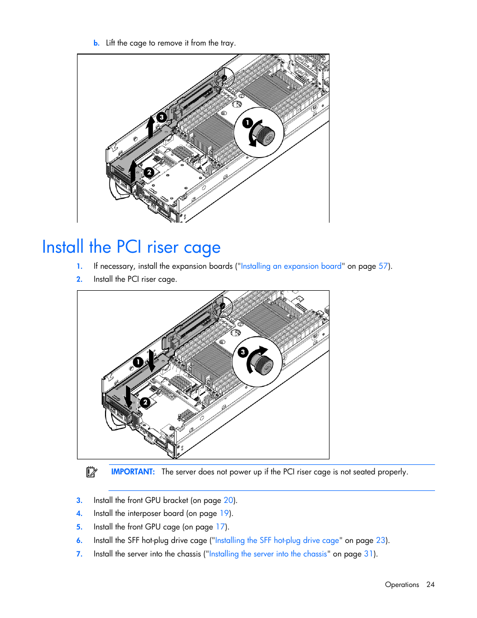 Install the pci riser cage | HP ProLiant SL250s Gen8 Server User Manual | Page 24 / 115