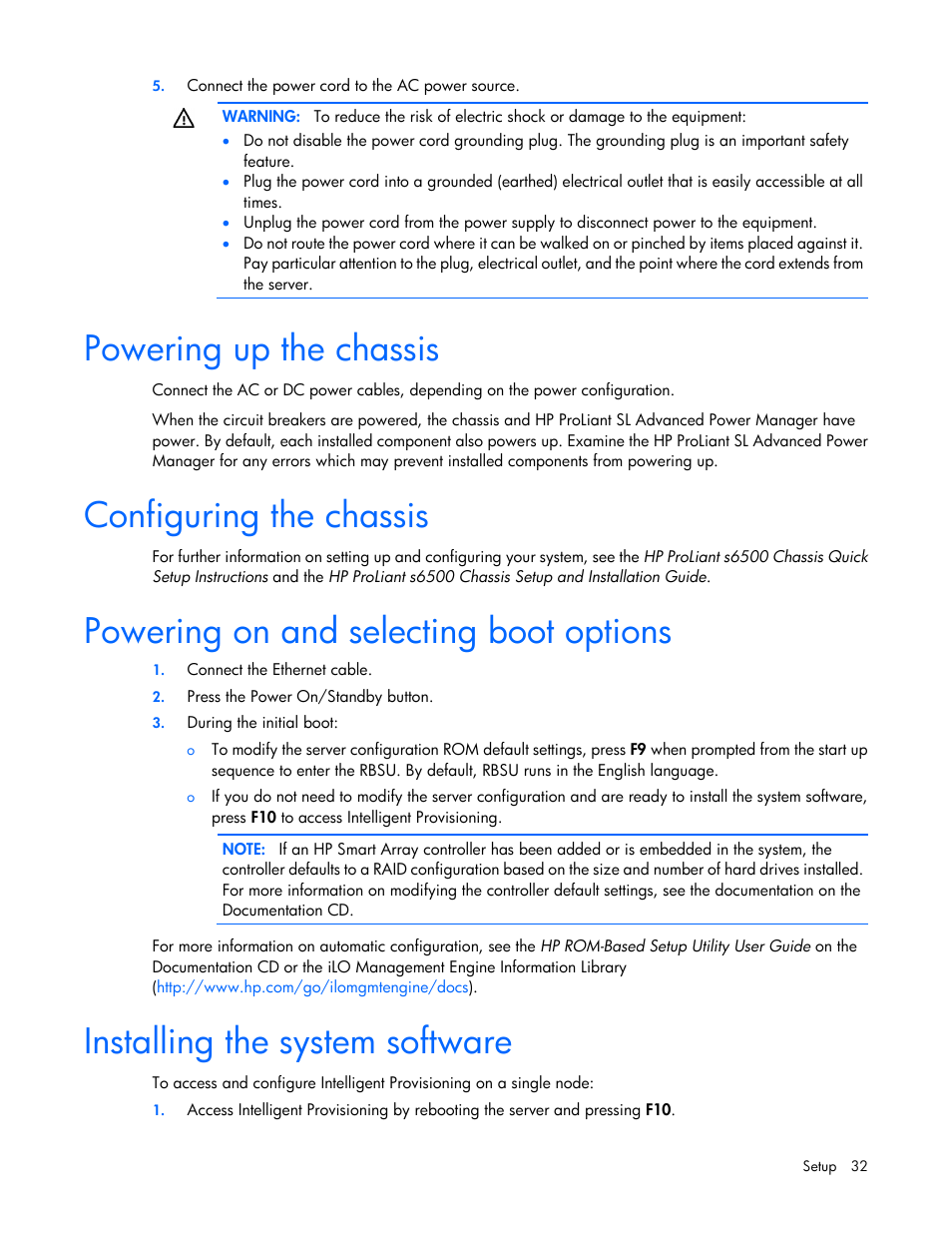 Powering up the chassis, Configuring the chassis, Powering on and selecting boot options | Installing the system software | HP ProLiant SL250s Gen8 Server User Manual | Page 32 / 115