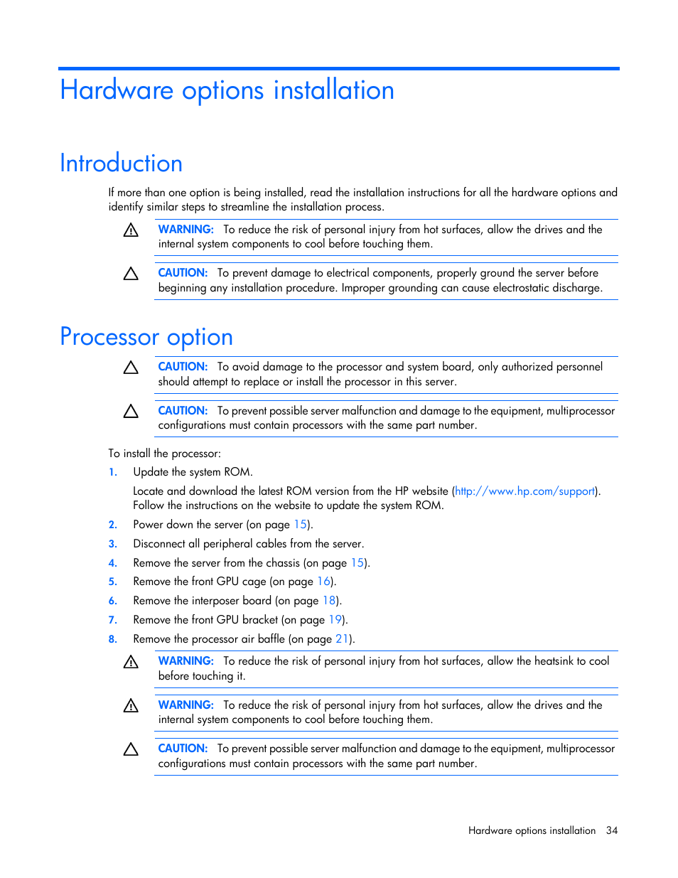 Hardware options installation, Introduction, Processor option | HP ProLiant SL250s Gen8 Server User Manual | Page 34 / 115