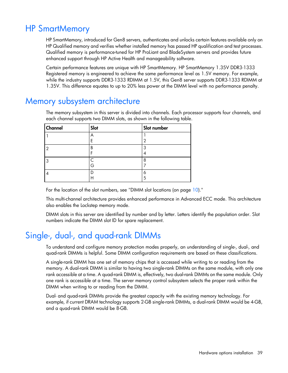 Hp smartmemory, Memory subsystem architecture, Single-, dual-, and quad-rank dimms | HP ProLiant SL250s Gen8 Server User Manual | Page 39 / 115