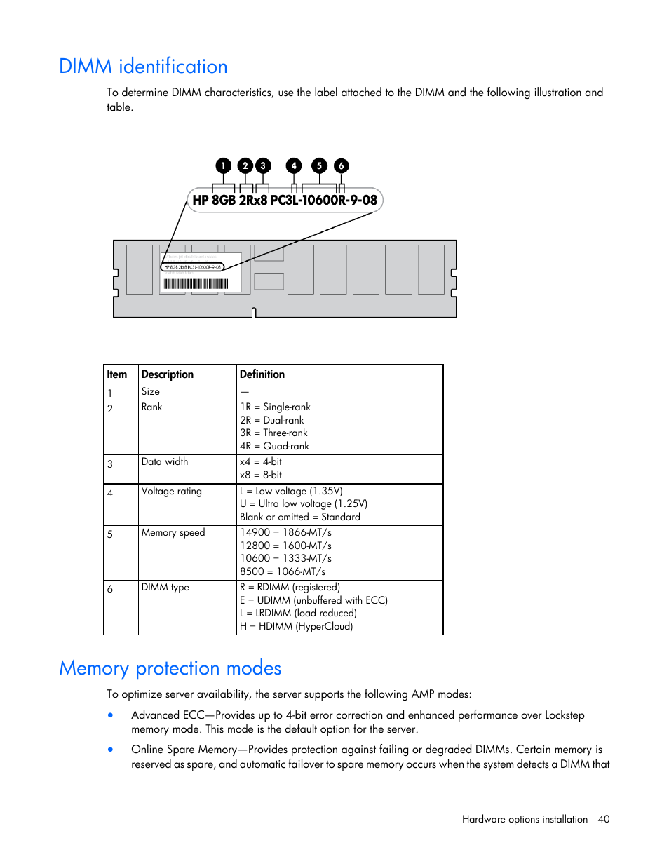 Dimm identification, Memory protection modes | HP ProLiant SL250s Gen8 Server User Manual | Page 40 / 115