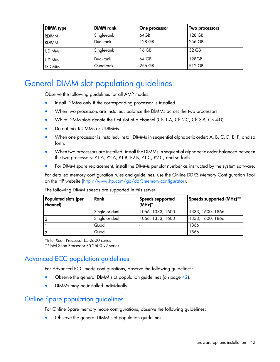 General dimm slot population guidelines, Advanced ecc population guidelines, Online spare population guidelines | HP ProLiant SL250s Gen8 Server User Manual | Page 42 / 115