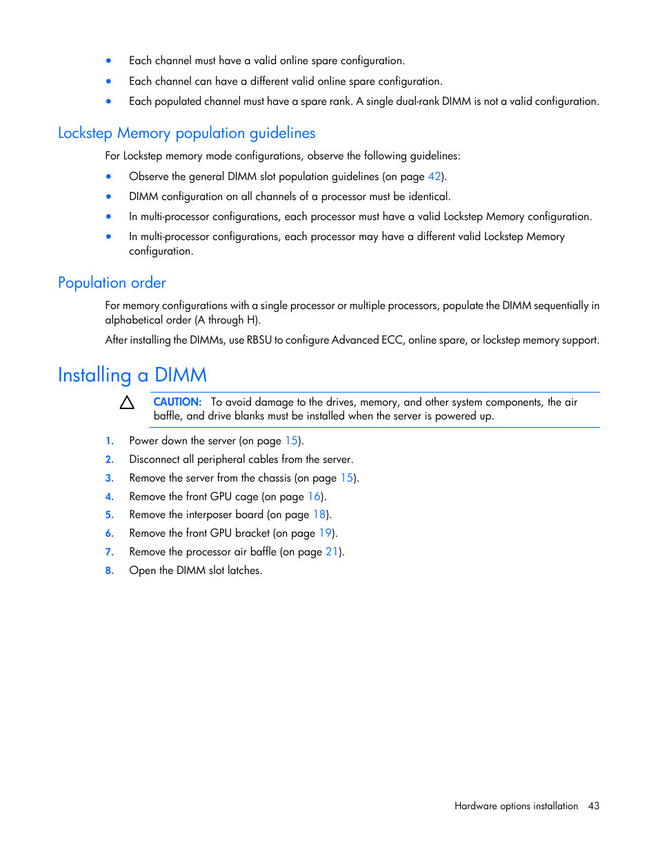 Lockstep memory population guidelines, Population order, Installing a dimm | HP ProLiant SL250s Gen8 Server User Manual | Page 43 / 115
