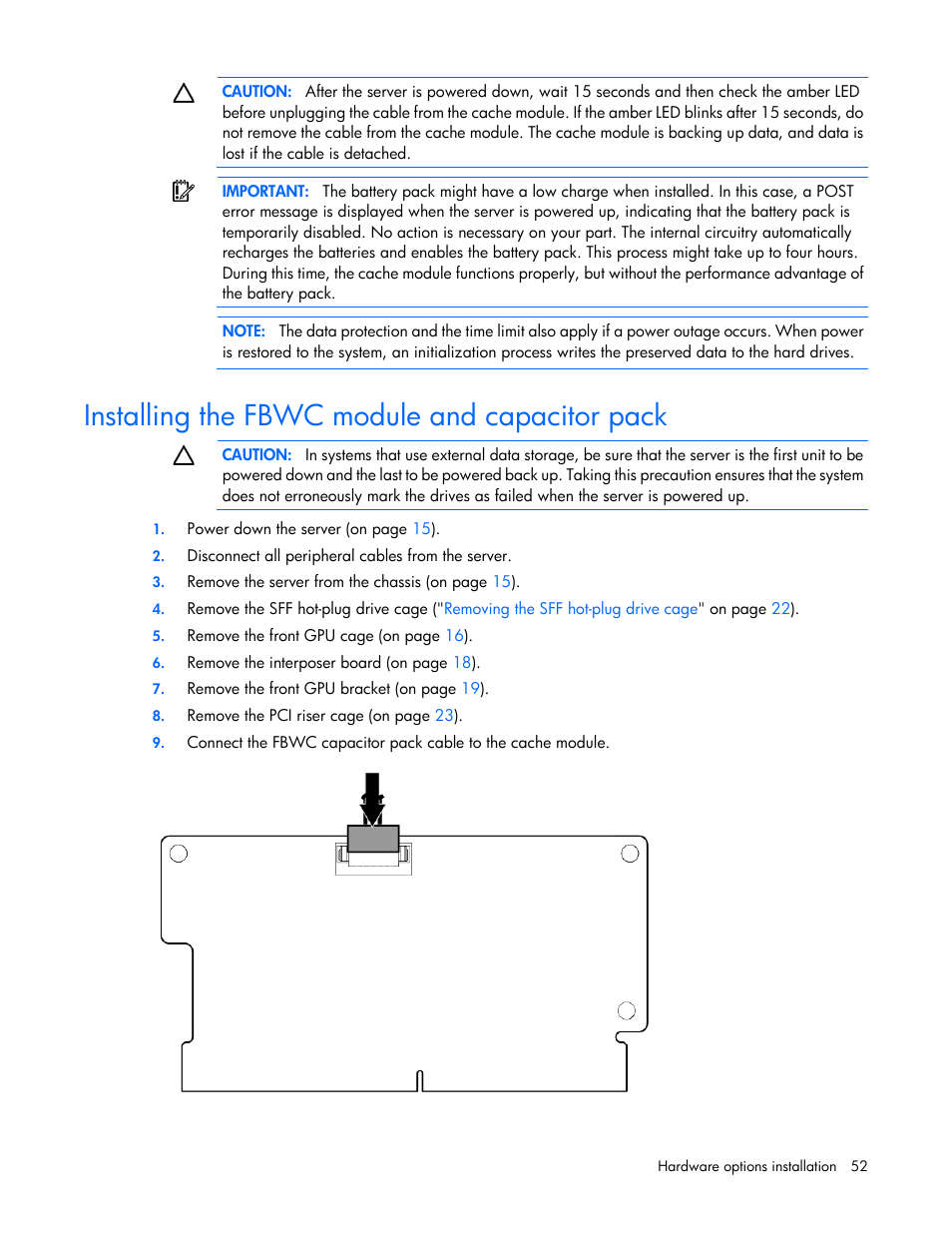 Installing the fbwc module and capacitor pack | HP ProLiant SL250s Gen8 Server User Manual | Page 52 / 115