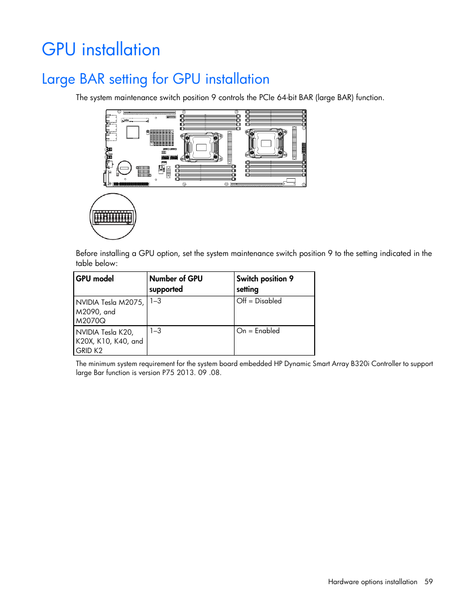 Gpu installation, Large bar setting for gpu installation | HP ProLiant SL250s Gen8 Server User Manual | Page 59 / 115