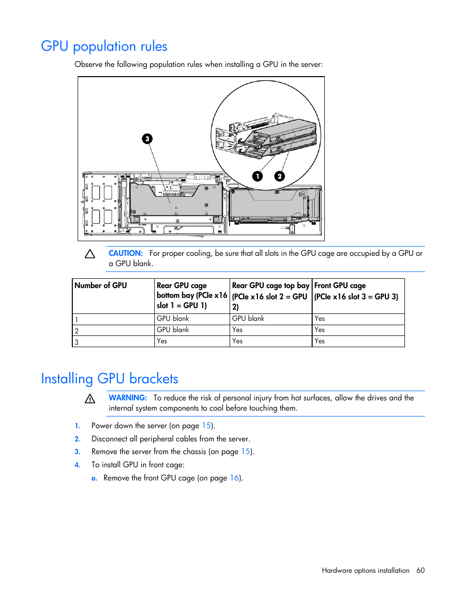 Gpu population rules, Installing gpu brackets | HP ProLiant SL250s Gen8 Server User Manual | Page 60 / 115