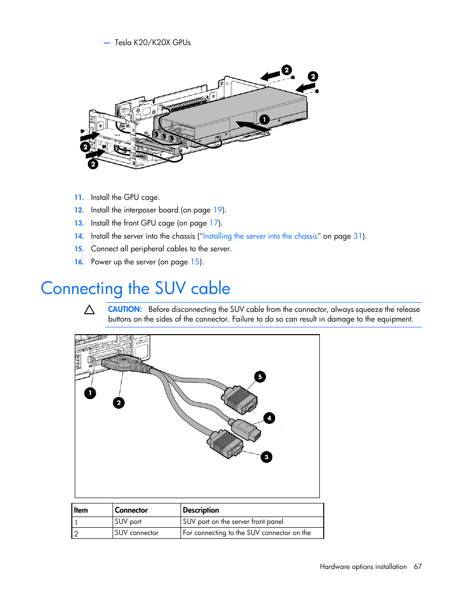 Connecting the suv cable | HP ProLiant SL250s Gen8 Server User Manual | Page 67 / 115