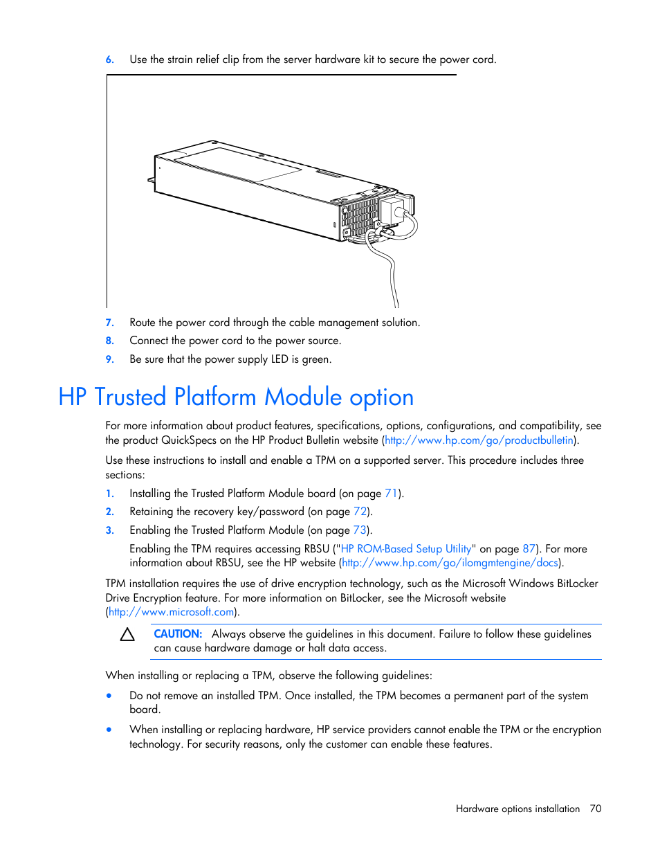 Hp trusted platform module option | HP ProLiant SL250s Gen8 Server User Manual | Page 70 / 115