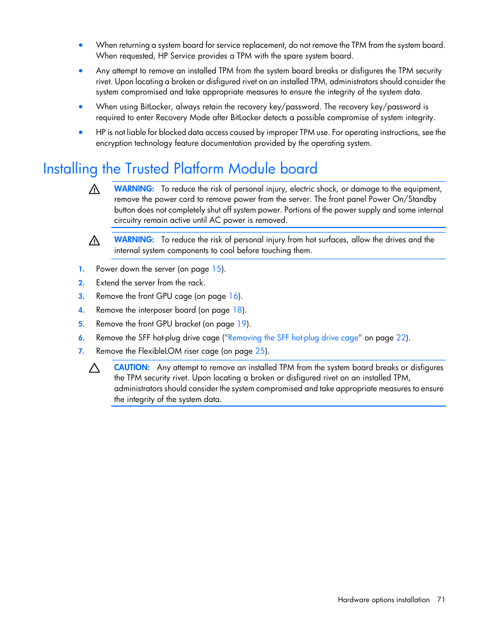 Installing the trusted platform module board | HP ProLiant SL250s Gen8 Server User Manual | Page 71 / 115