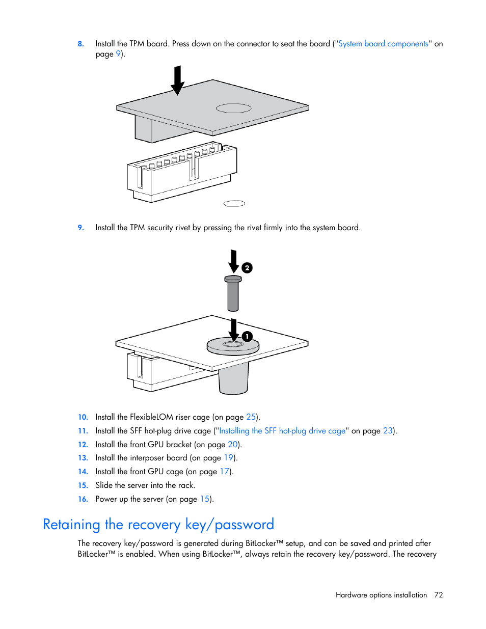 Retaining the recovery key/password | HP ProLiant SL250s Gen8 Server User Manual | Page 72 / 115