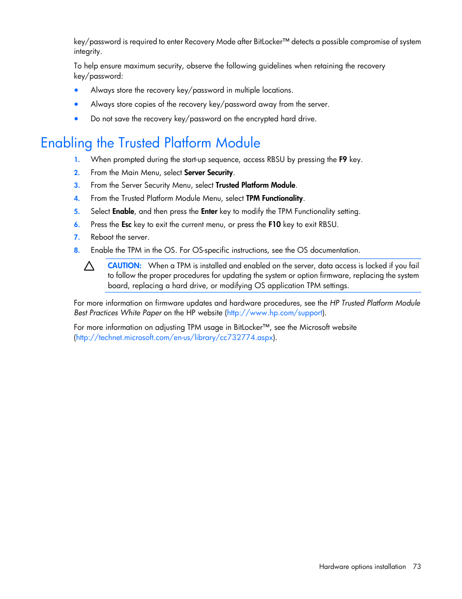 Enabling the trusted platform module | HP ProLiant SL250s Gen8 Server User Manual | Page 73 / 115